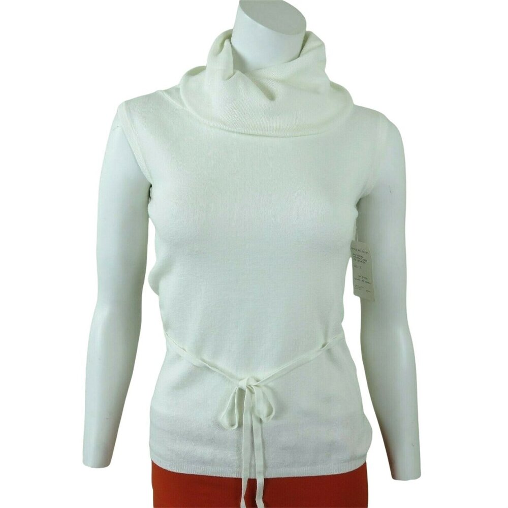 New Turtleneck Sweater Top L White Knit Tie Belt Sleeveless V.A.S. Clothing Co.